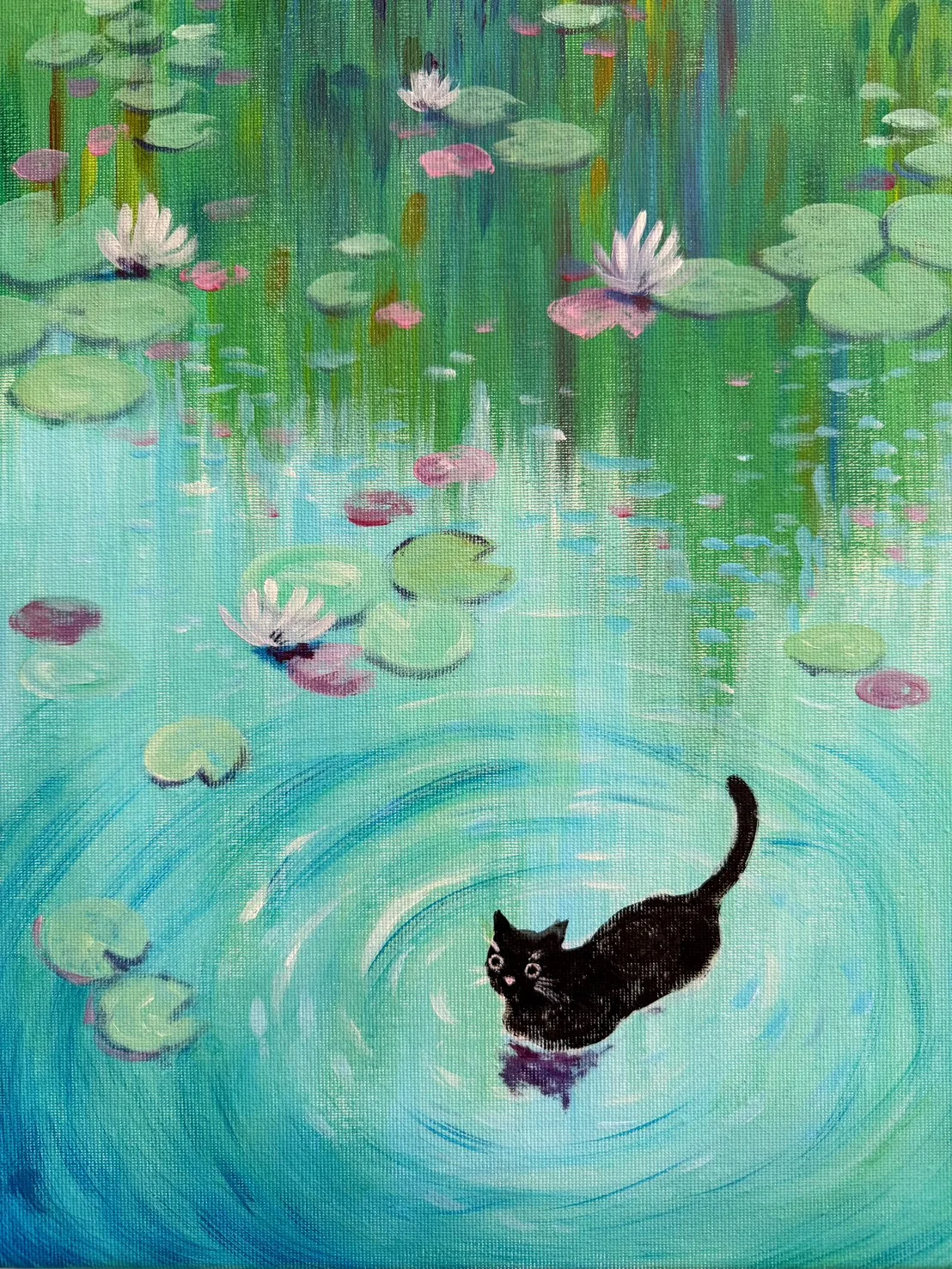 Cat Playing in Monet's Waterlilies