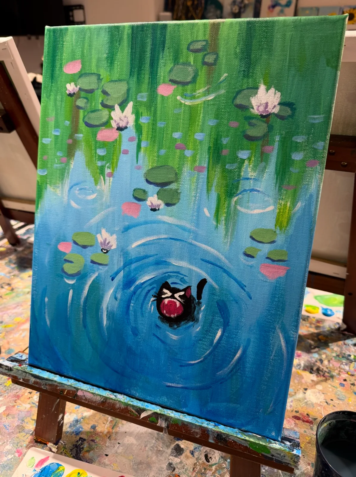 Cat Playing in Monet's Waterlilies 4
