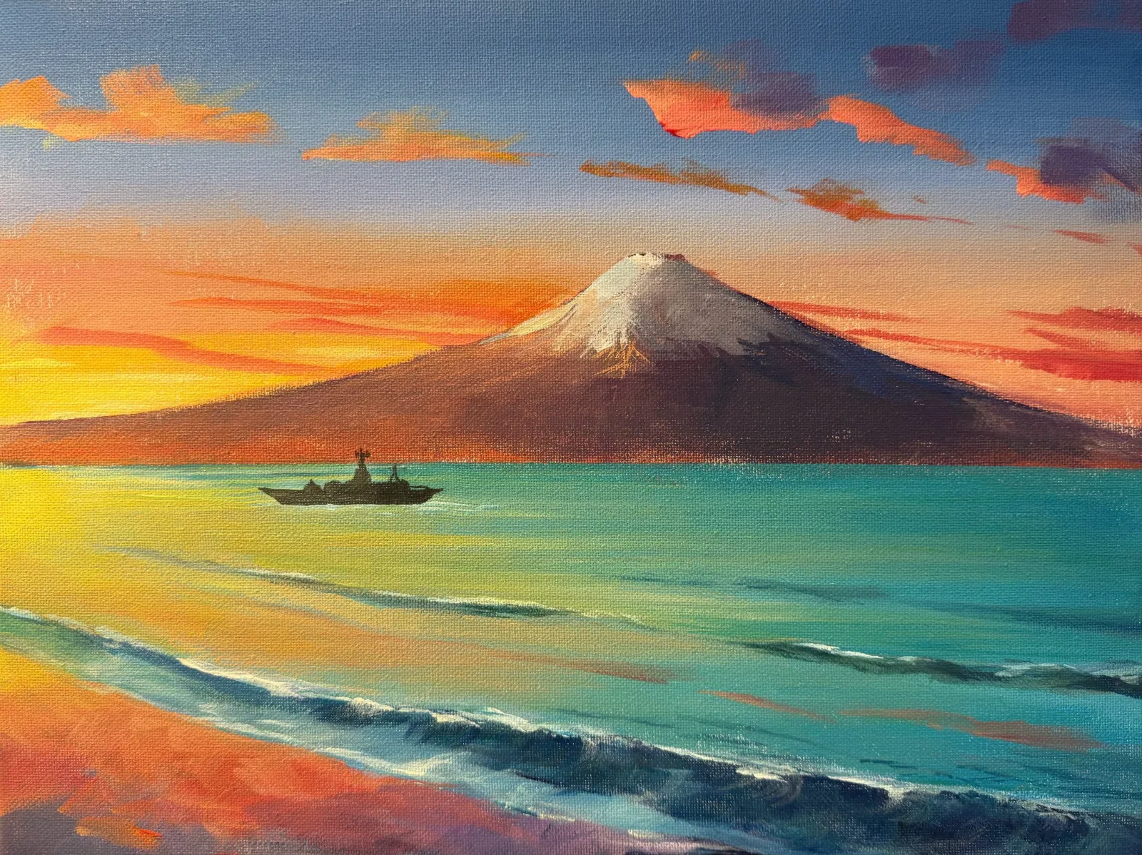 Ship in Bay near Mt Fuji